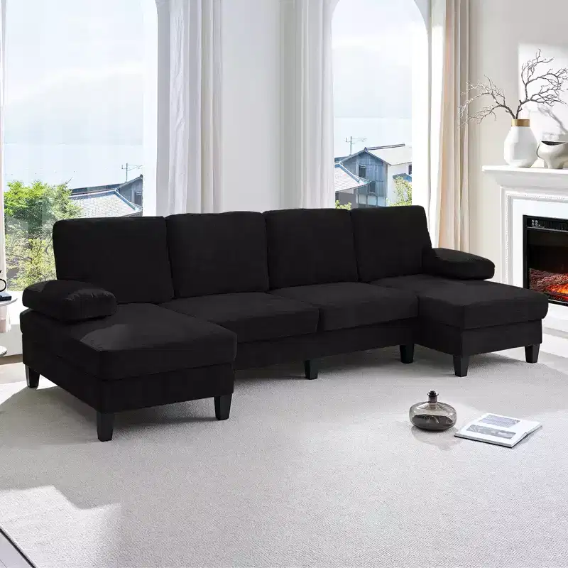 Mjkone 110U-Shaped Sectional Couches,Chenille Upholstered Large 4-Seater Sofa with Double Chaises and Sleepable Armrests