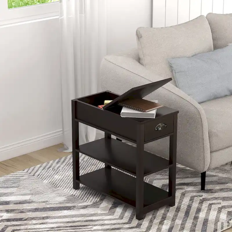 Narrow Flip Top Side Table with Drawer End Table with 2-Tiers Open Storage Shelves Sofa Table for Living Room,Bedroom