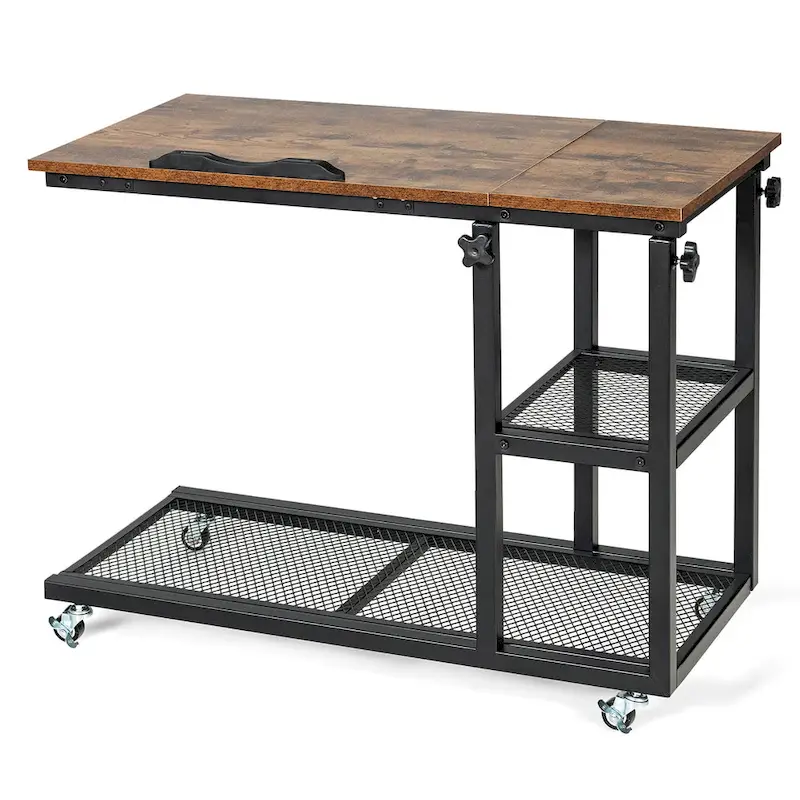 C Shaped End Table Height Adjustable Mobile Couch Desk with Wheels