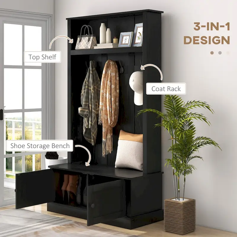 Freestanding Hall Tree, Entryway Bench with Coat Rack, Shoe Cabinet and Top Shelf