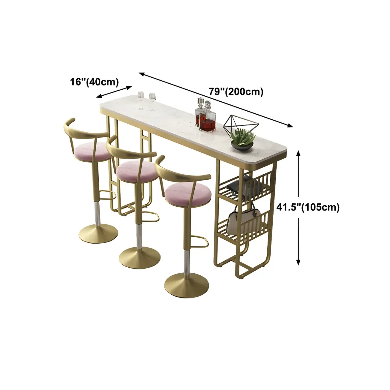 Glam Gold White Faux Marble Shelf Bar Tables