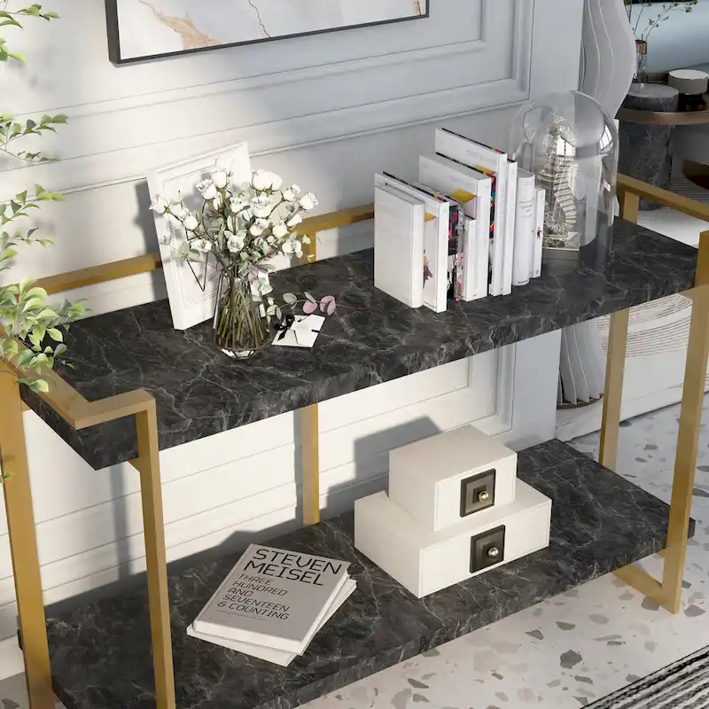 Lovell Glam Gold and Black 51-inch Faux Marble 1-Shelf Sofa Table by Furniture of America