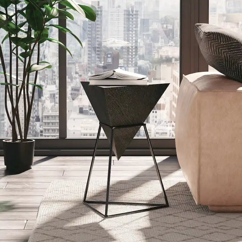 COZAYH Modern Geometric End Table with Wooden Top and Metal Base, Unique Pyramid Side Table Plant Stand for Office, Triangle