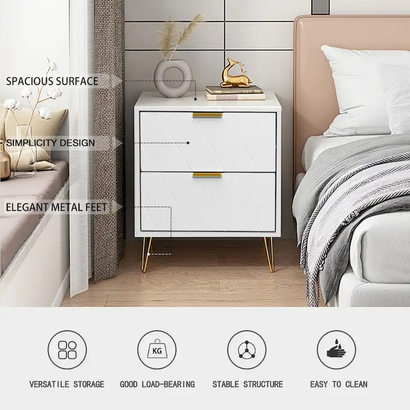 Set of 2 Nightstand 2 Drawer End Side Table Bedside Metal Legs Modern Bedroom Living Room