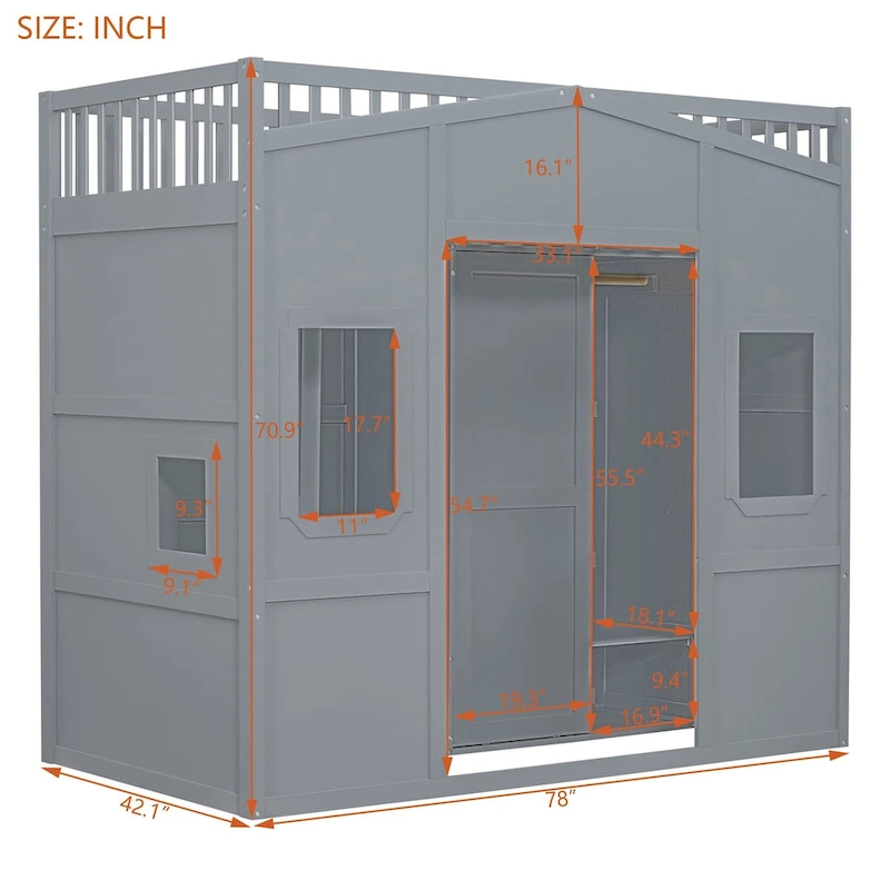 Twin Size House Loft Bed With Ladder and Wardrobe
