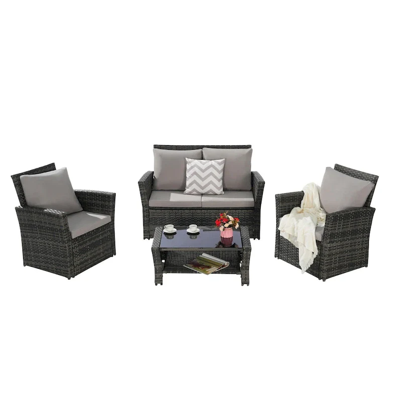 4-Piece Rattan Conversation Sofa Set with Glass Table