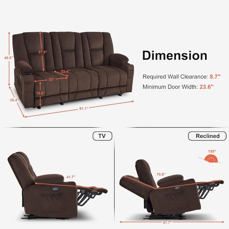 MCombo Electric Power Reclining Sofa with Massage and Lumbar Heat, Fabric 6015/6025/6035/6045