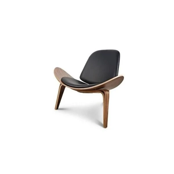 Mid-Century Shell Lounge Chair - Black Faux Leather, Walnut Wood Base, 3-Leg Design, Single Seat