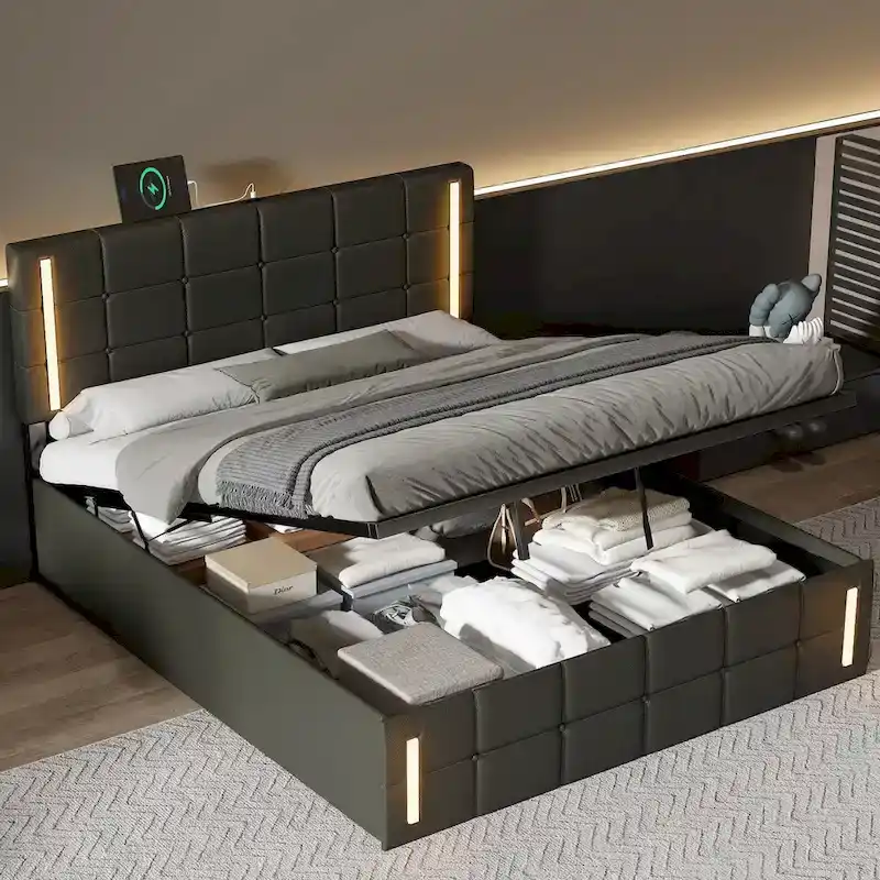 Upholstered Bed with Hydraulic Storage System and USB Charging Station