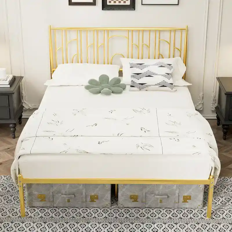 Platform Bed Frame Featuring Decorative Finials And Under-Bed Storage Space; No Box Spring Required.