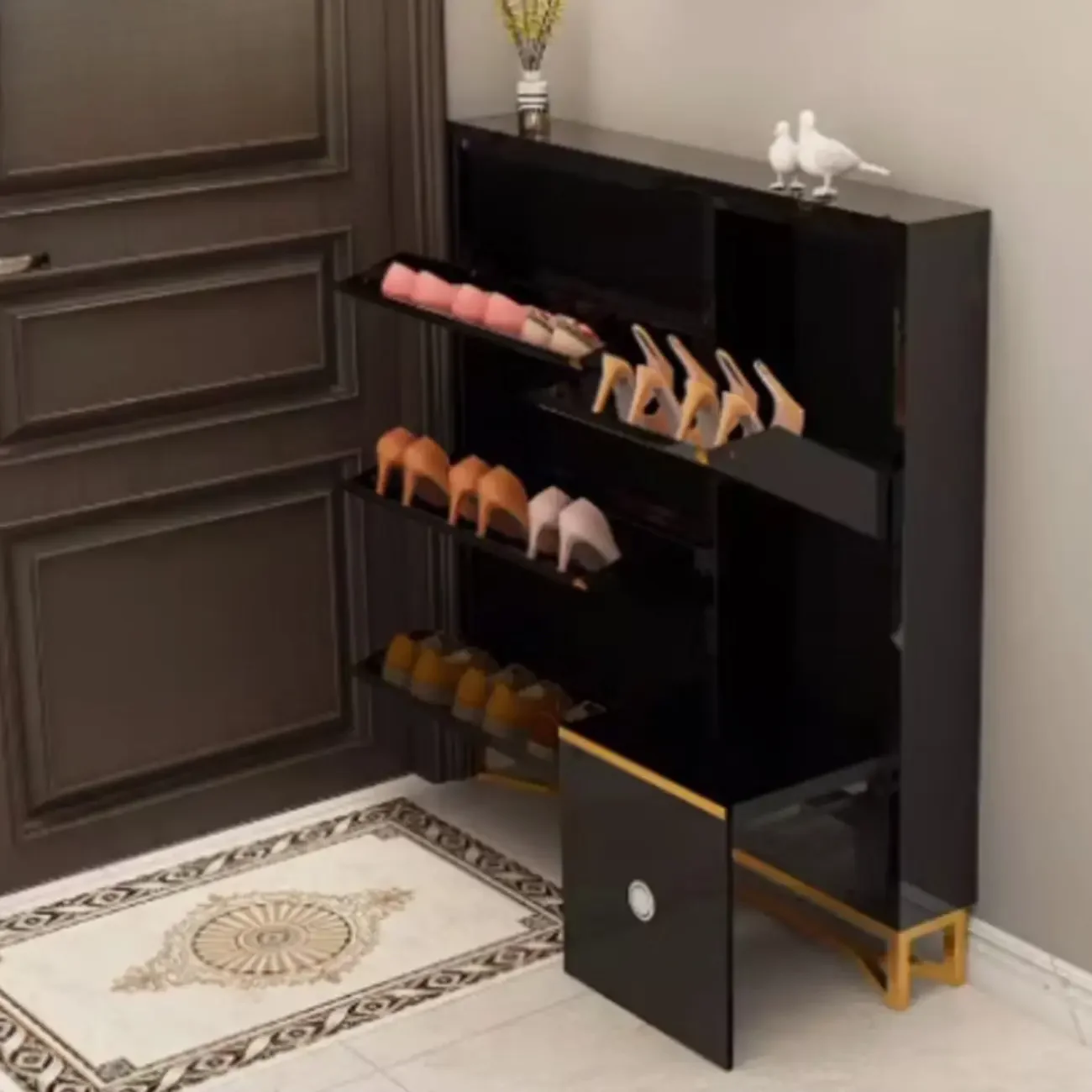 Gloss Black Wall Mounted Wooden Slim Drop Front Shoe Cabinet