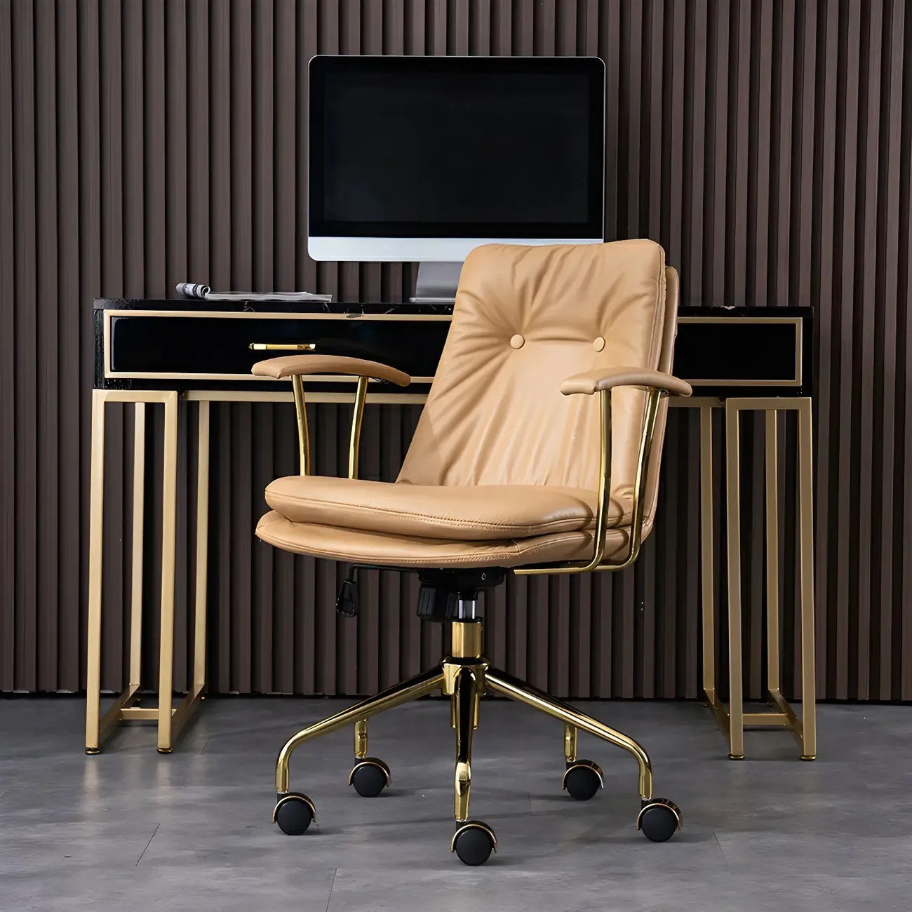 Gold Base Tufted Leather Adjustable Office Chair