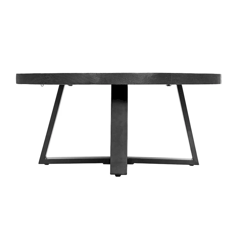 39 Inch Round Coffee Table, Cross Legs Design, Black Acacia Wood, Iron