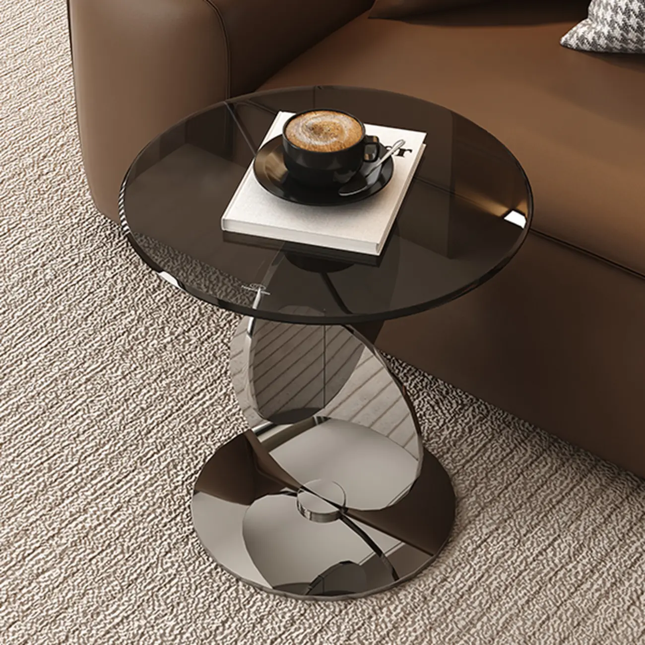 Modern Round Glass Top Stainless Pedestal Side Table