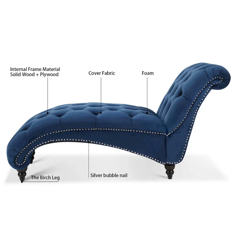 Blue 27.17 Buttons Tufted Chaise Lounge Chair with Nailheads