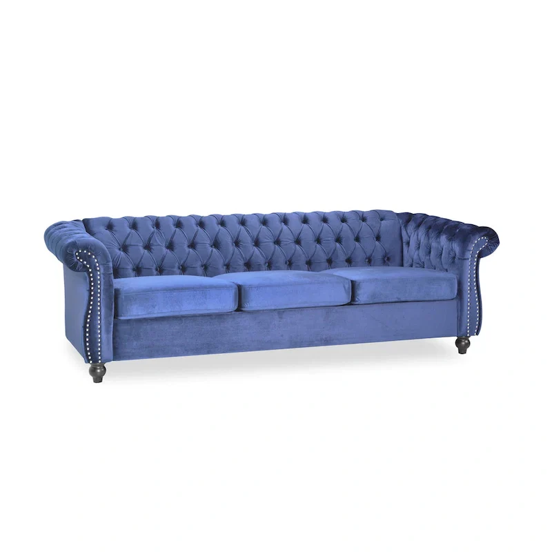 Blue 84.75 Chesterfield Button Tufted 3-Seater Sofa with Nailheads and Legs
