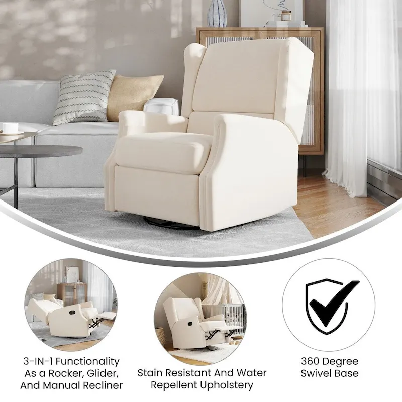 Wingback Manual Recliner Swivel Glider, Cream/Light Gray/Dark Gray, 3-Position, Seats 1