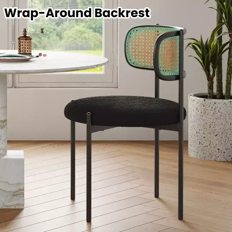 PexFix 2Pcs Modern Upholstered Dining Chairs Rattan Back Dining Room Chairs Accent Kitchen Chairs with Metal Legs Black