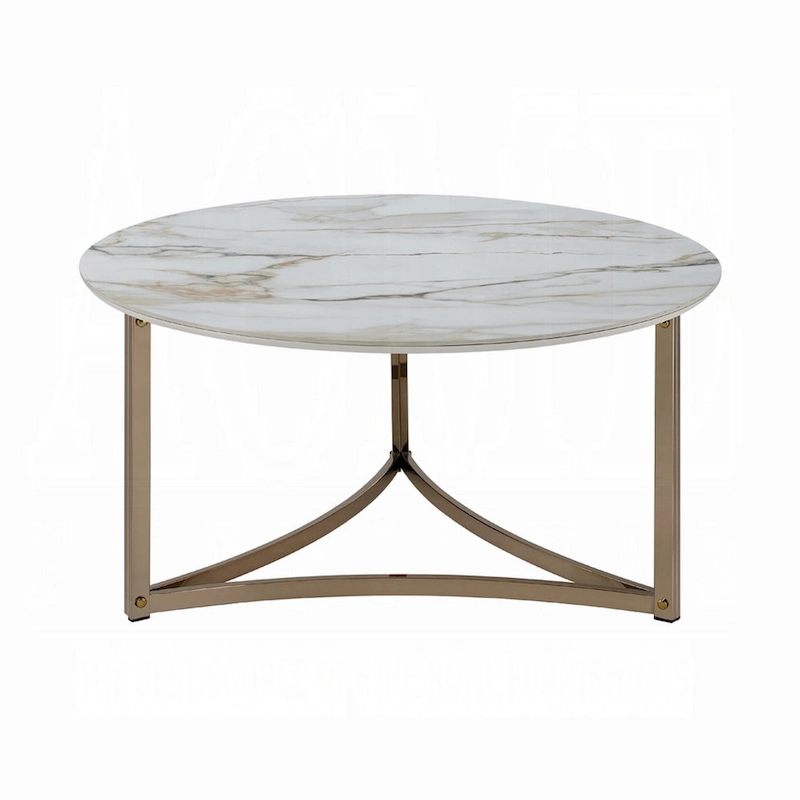 Acor Coffee Table, 35 Inch, Round Sintered Stone Top, White and Gold