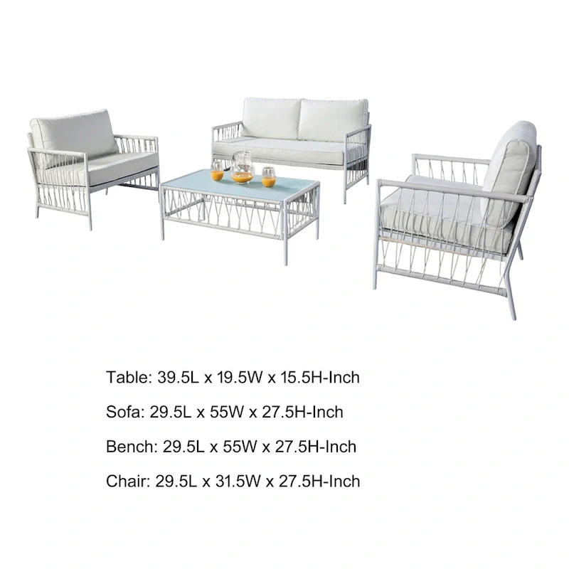 Hema 4 Piece Patio Set with 2 Chairs, Table, and Sofa, White Fabric, Metal