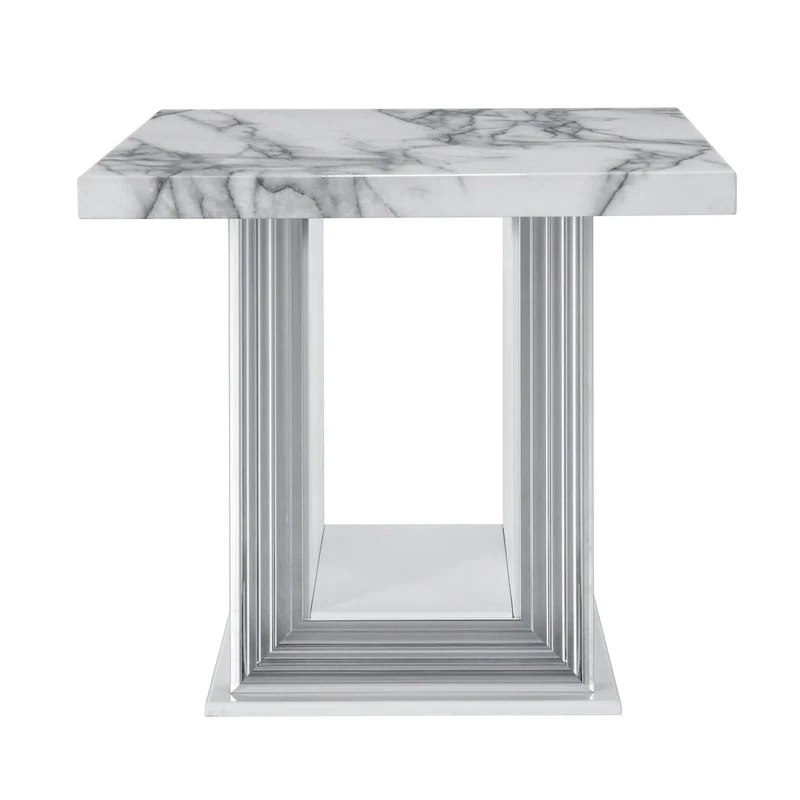 HomeRoots 24 White and Silver Faux Marble and Wood Pedestal End Table - 26' X '24.4' X '26