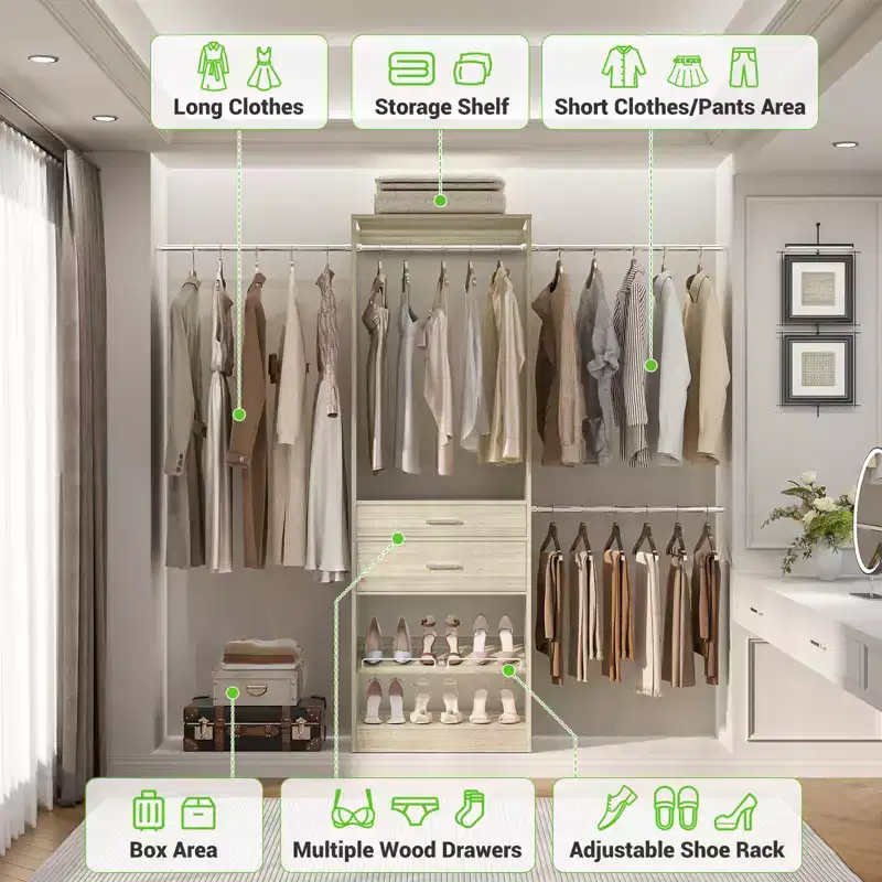 Besiost Closet System with 2 Wooden Drawers and Adjustable Shoes Rack