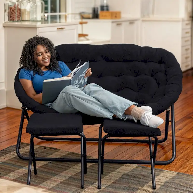 Double Folding Synthetic Fur Saucer Chair with 2 Ottomans