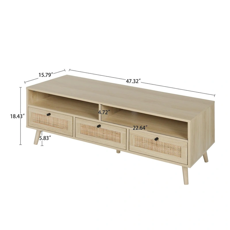 Modern Rattan TV Stand with Solid Wood Feet