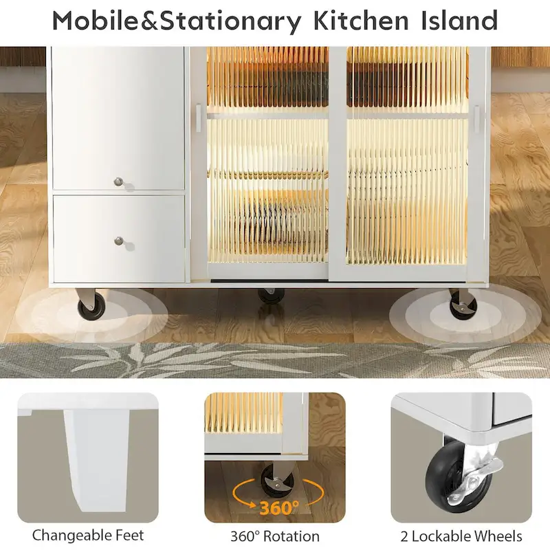 44 in. W Kitchen Island Rubber Wood Drop-Leaf Countertop on 5 Wheels with an Adjustable Shelf and 2 Drawers - 44