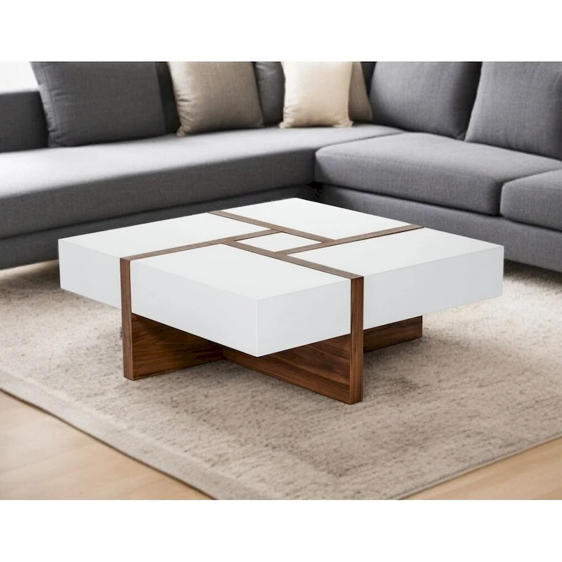 Modern White and Walnut Square Coffee Table with Storage