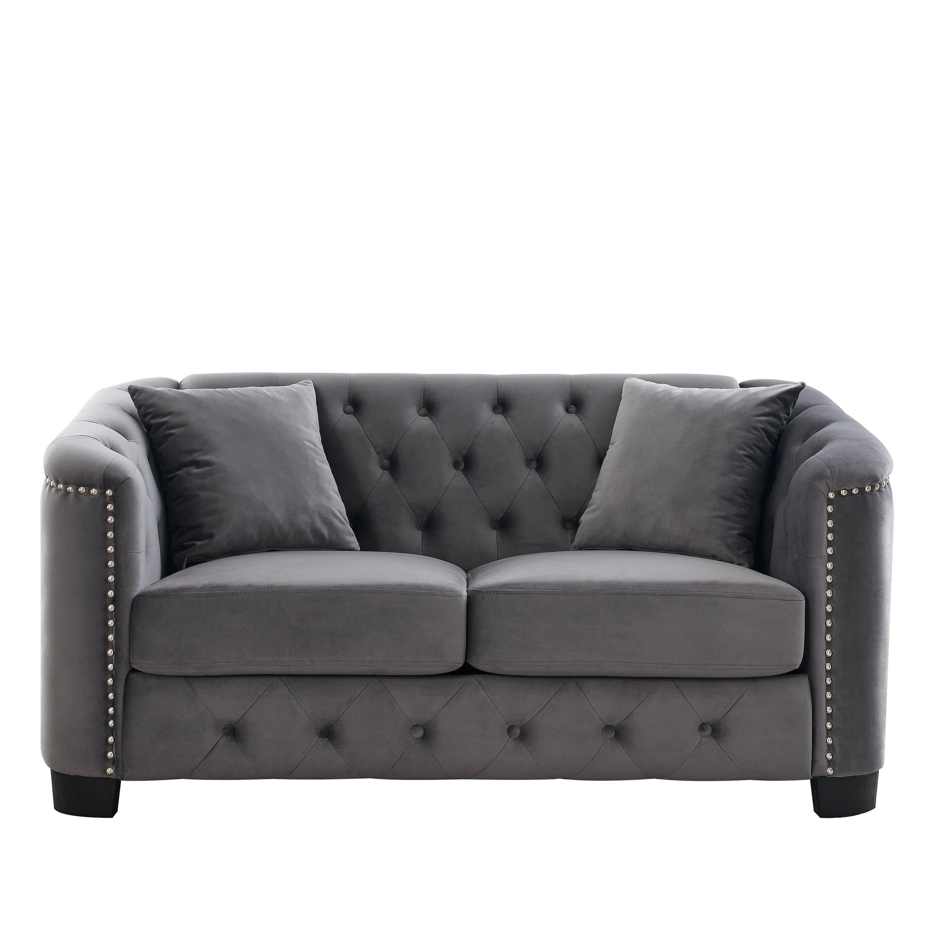 Grey 59'' Modern Velvet 2-Seater Sofa with Tufted Backrest and Nailhead Arms