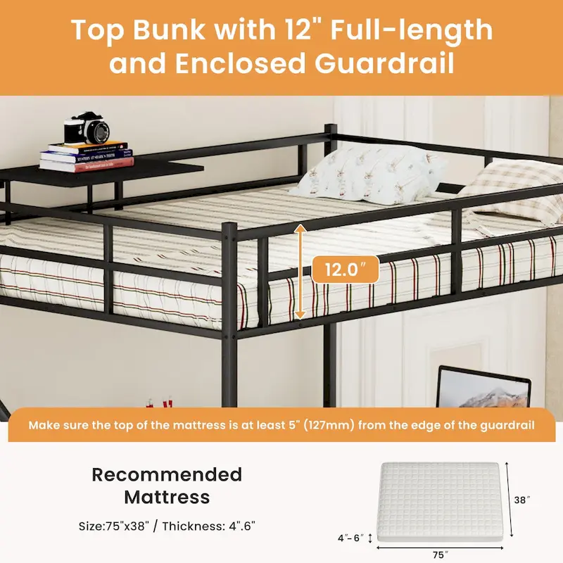 Full Size Metal Loft Bed with L-shaped Desk, LED Lights, Charging Cradle
