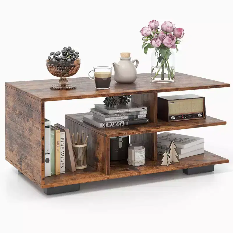 Costway Coffee Table w/ L-shaped Middle Shelf for Living Room Rustic Brown