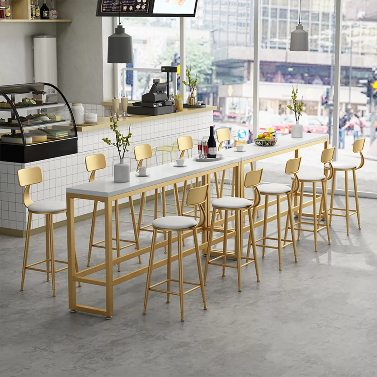 Modern Rectangle Marble Top Bar Table Gold Base with Footrest