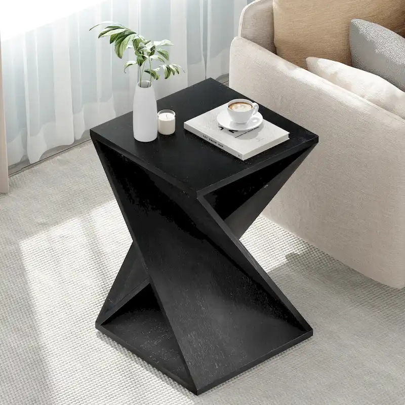 COZAYH Farmhouse End Table Square Solid Wood Side Table Rustic Plant Stand With Twisted Design, Natural Wood, Black