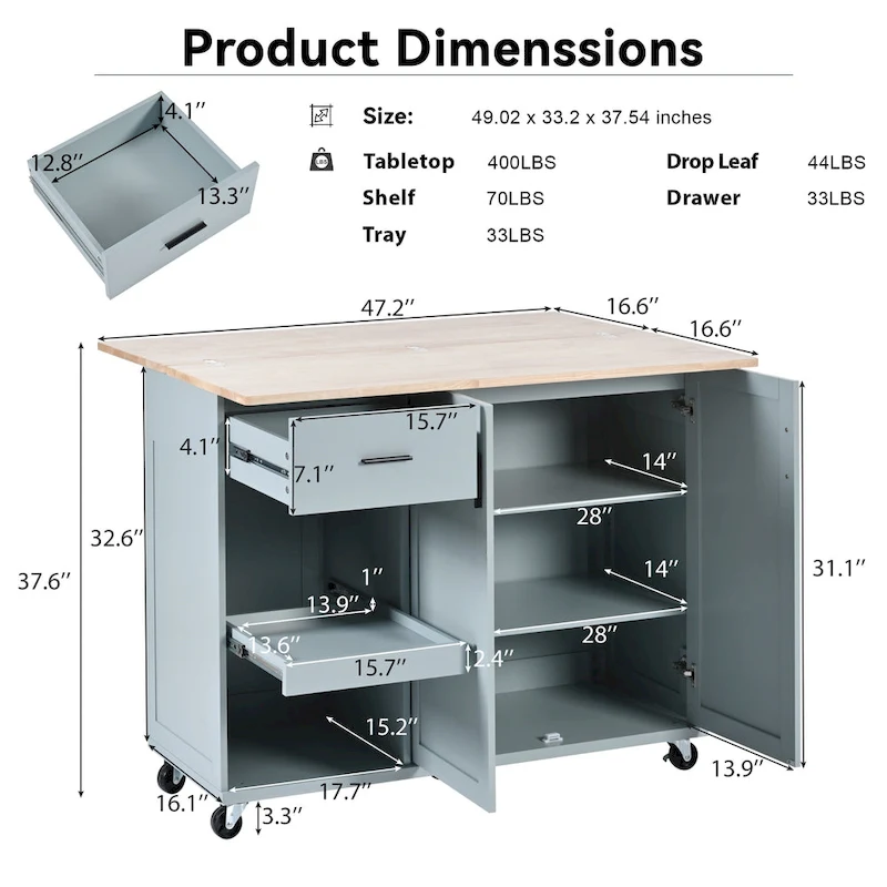 Rolling Kitchen Island w/ Foldable Counter Top,Towel Rack and Drawer