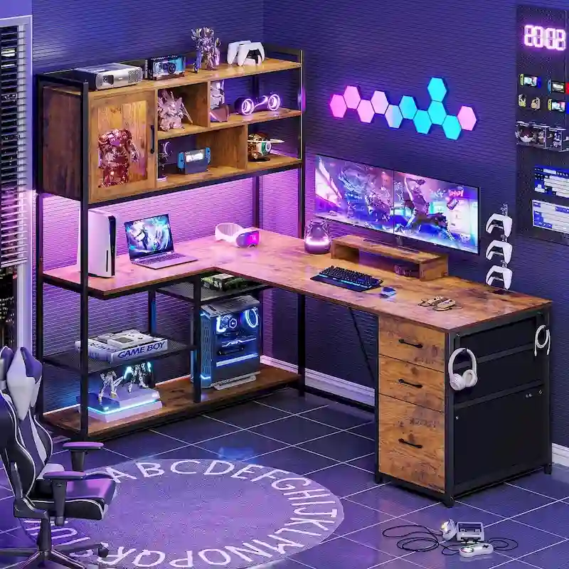 L Shaped Computer Desk 58 Office Desk with 3 Drawers and Bookshelf