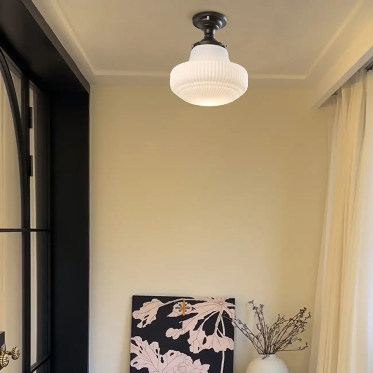 Art Deco Black Metal Glass Modern Semi-Flush Ceiling Light