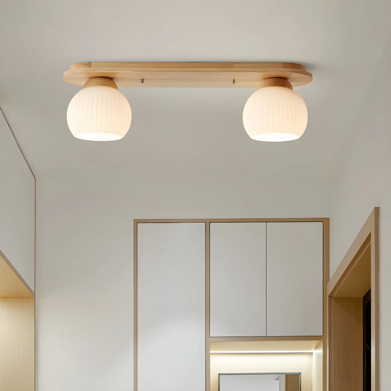 White Globe Glass Natural Wood Flush Mount Ceiling Light