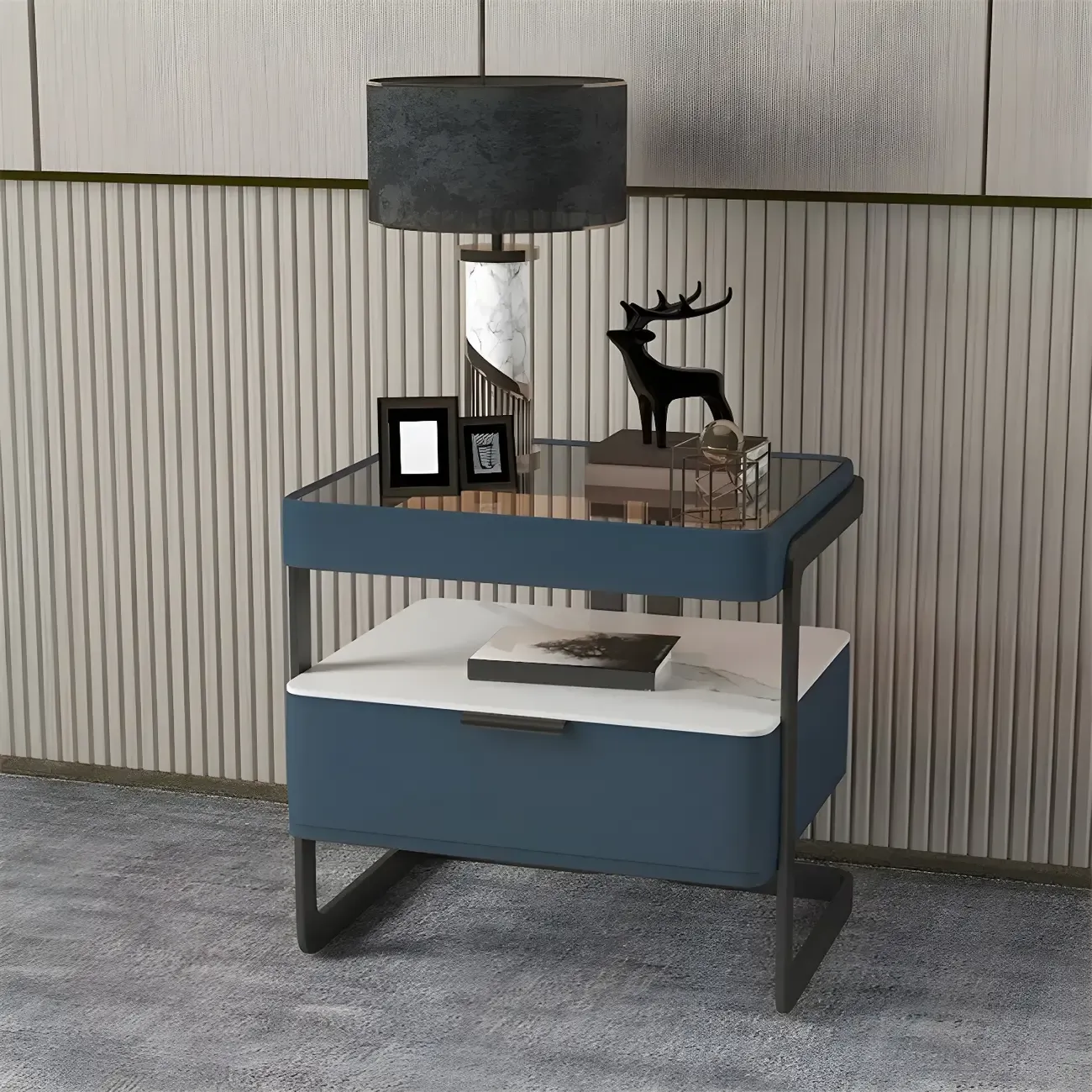 Modern Wood Nightstand with Glass Countertop and Drawer