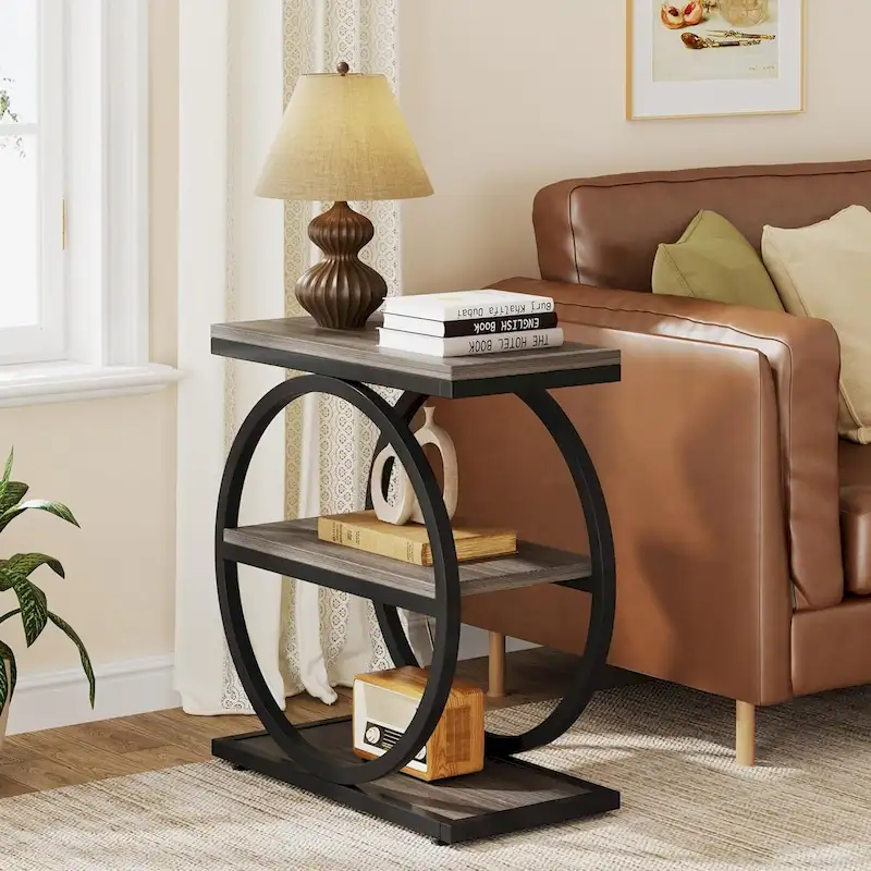 End Table with 3 Storage Shelves, Wood Narrow Side Table