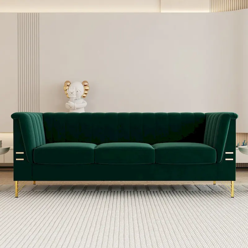 Modern Designs Velvet Upholstered Living Room Sofa, 3 Seat Sofa Couch With Golden Metal Legs with green Sofa - 83.46*31.9*30.5