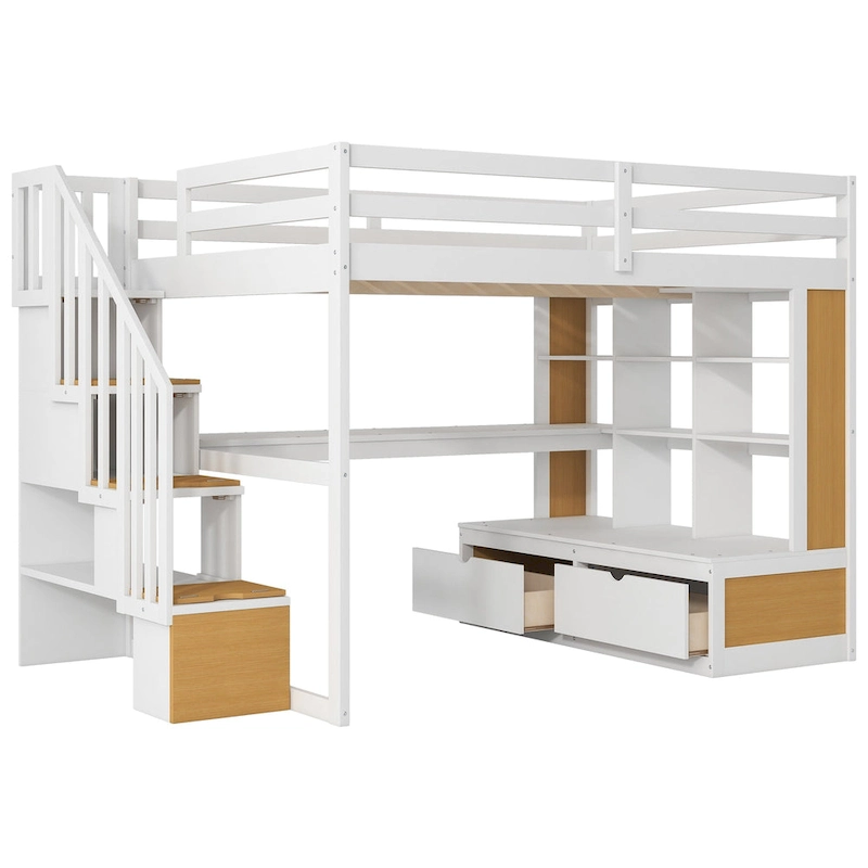 Natural+White Full Size Solid Wood Loft Bed with Desk and Shelves, Two Built-in Drawers, Storage Staircase
