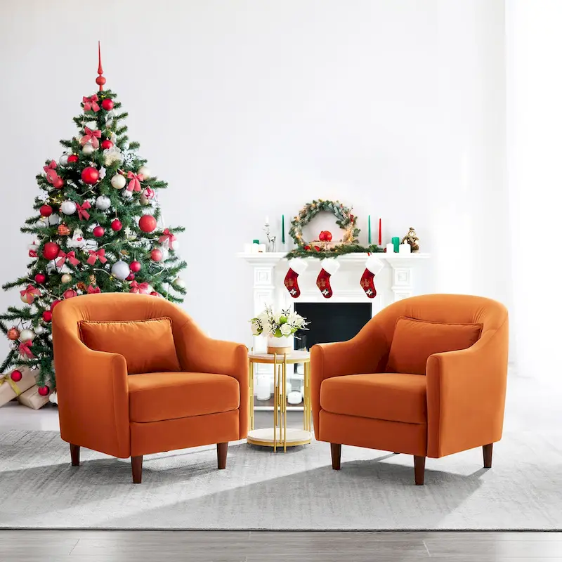 VANOMi 28.34W Set Of 2 Accent Armchair, Velvet Barrel Chair with Solid Wood Legs