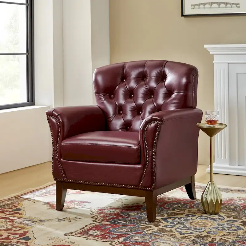 Traditional Genuine Leather Accent Chair with Tufted Wing Back