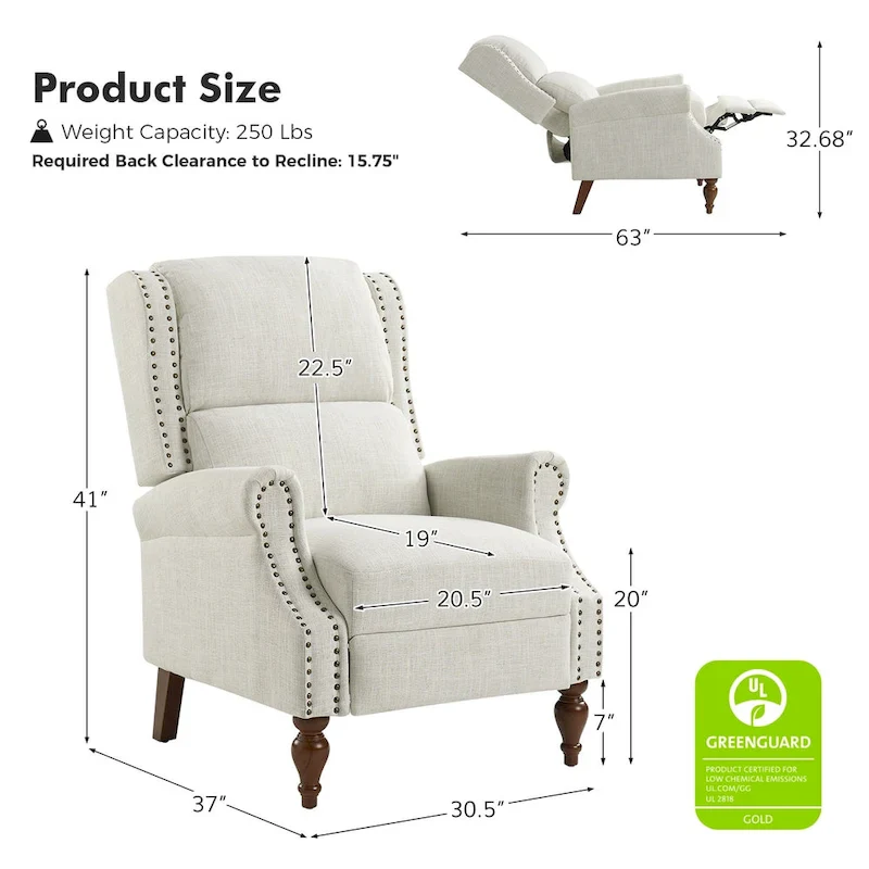 Traditional Roll Arm Manual Recliner with Solid Wood Legs