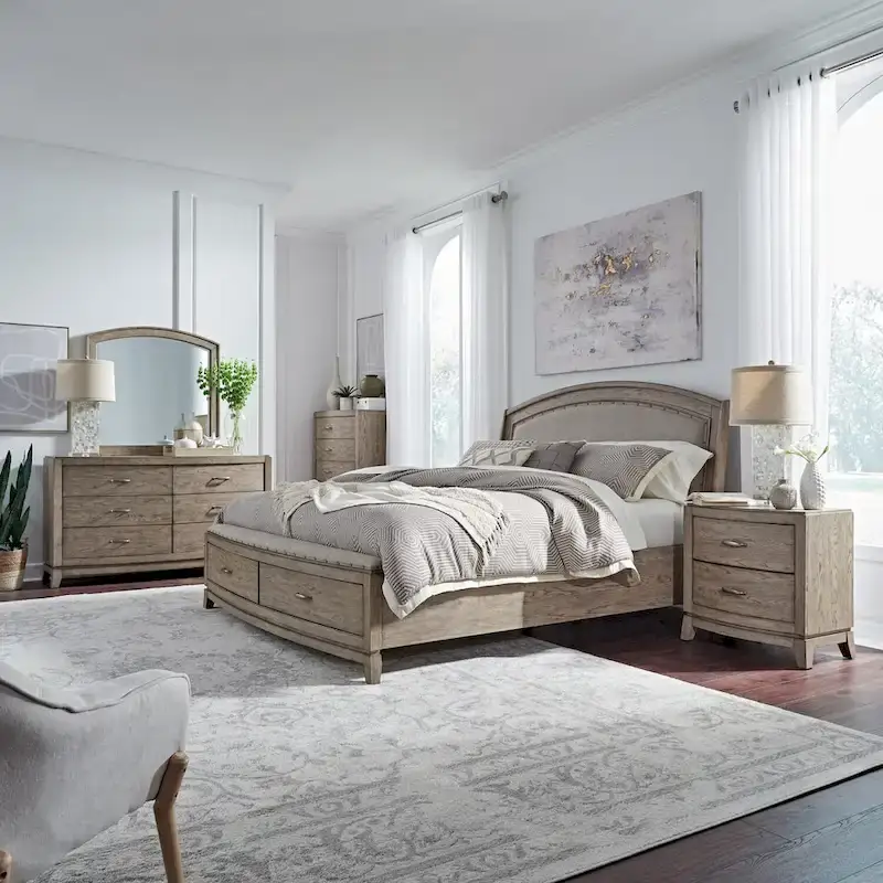 Avalon Burnished Beige Oak King Upholstered Storage Bed Bedroom Set