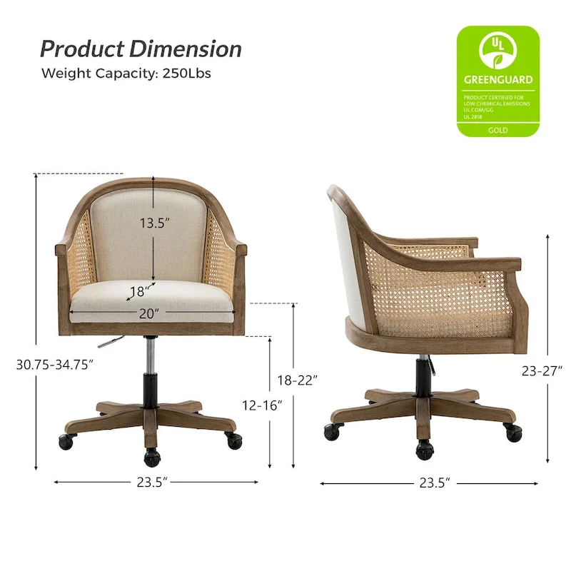 Farmhouse-Style Rattan Office Chair — 360° Swivel, Adjustable Height, Rubberwood Construction