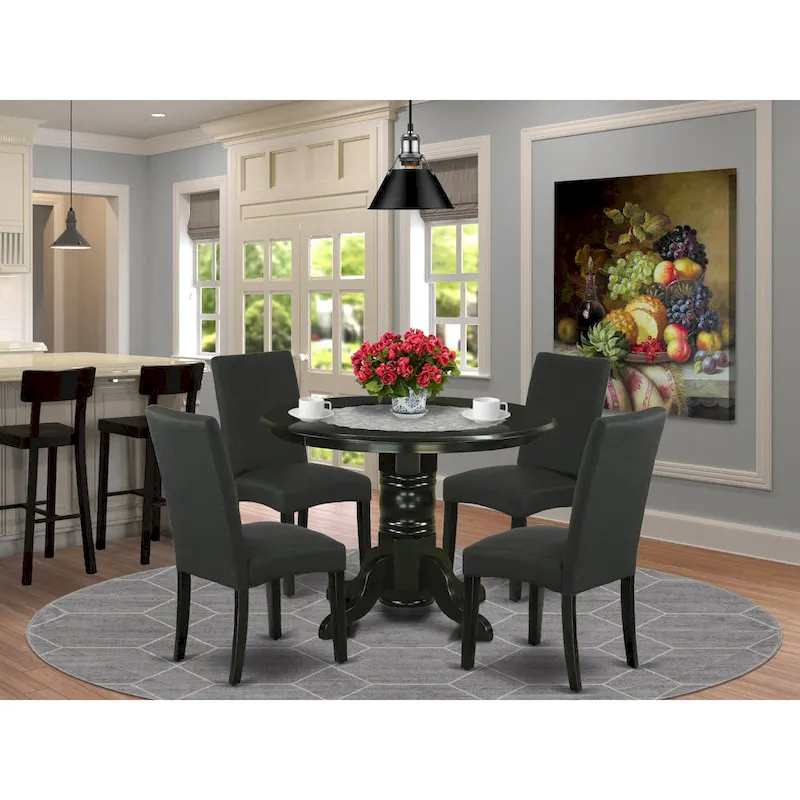 East West Furniture Kitchen Table Set- a Round Table and Black Color Linen Fabric Chairs, Black (Pieces Option)