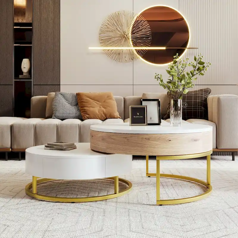 Modern Round Lift-Top Nesting Coffee Tables with 2 Drawers, Hydraulic Mechanism, MDF, White & Black